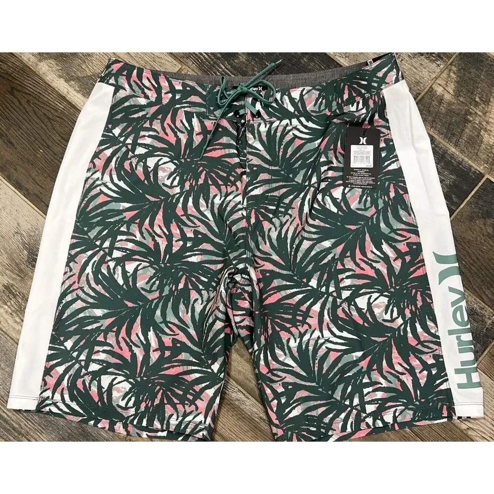 New $50 Hurley Board Shorts Men 36 Tropical Escape Paradise‎ Swim Duck Green